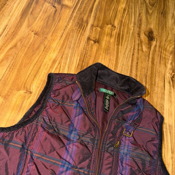 Ralph Lauren women’s large vest quilt plaid purple Deep red Jacket corduroy trim - Picture 4 of 9
